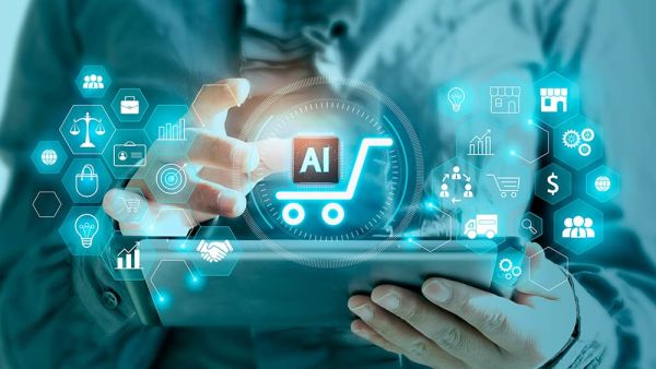 Man holding tablet with AI supporting different technological appliances