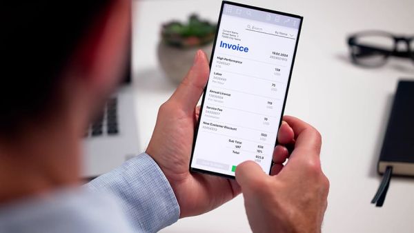 man holding iphone to create invoice