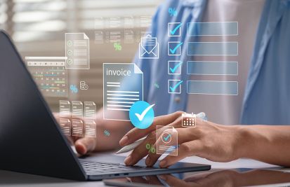 invoices for a payment app with man on laptop