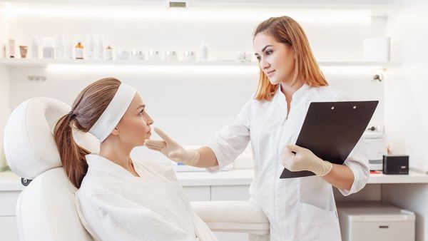Young woman at med spa consults with a beautician