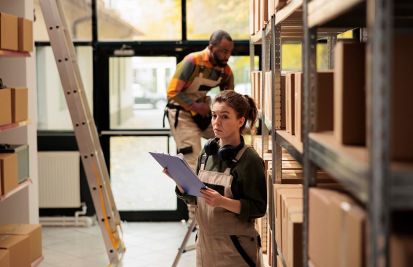 Woman and man reviewing inventory on business