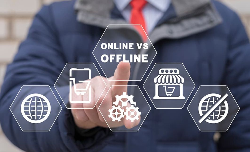 Man choosing different option of making payments in person or online