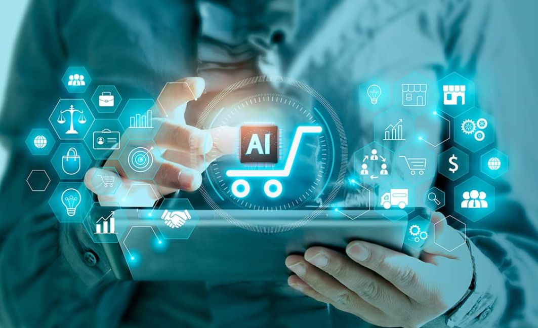 Man holding tablet with AI supporting different technological appliances