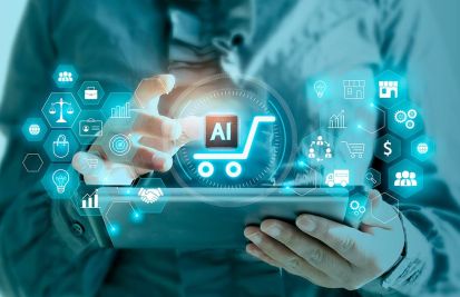 Man holding tablet with AI supporting different technological appliances