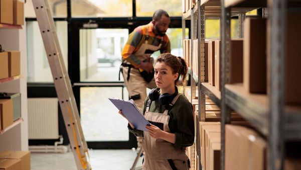 Woman and man reviewing inventory on business