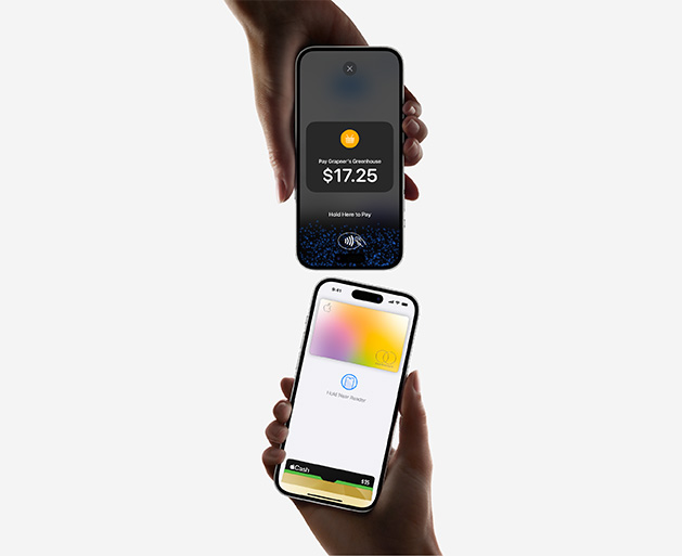 Two hands holding phones using the Tap to Pay on iPhone functionality